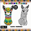 Llama Mandala coloring pages featuring colorful floral designs, available in a coloring book with 100 pages from artcoloringpage.com.