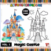 Coloring page featuring a colorful magic castle alongside a black and white outline, promoting artcoloringpage.com and its coloring book with 100 pages.