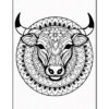 An intricate black and white line art of a cow's head, featuring decorative patterns and floral elements, set within a circular mandala design.