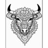 A detailed black and white illustration of a cow's head featuring intricate mandala patterns and floral designs around its face and horns, set against a plain white background.