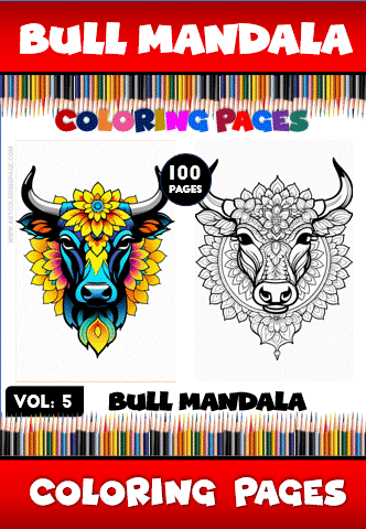 Coloring pages featuring intricate bull mandalas from the Mandala coloring book, perfect for relaxation on artcoloringpage.com.