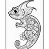 A detailed black and white line drawing of a chameleon, adorned with intricate floral patterns and designs, sitting on a spiral tail, against a plain background.