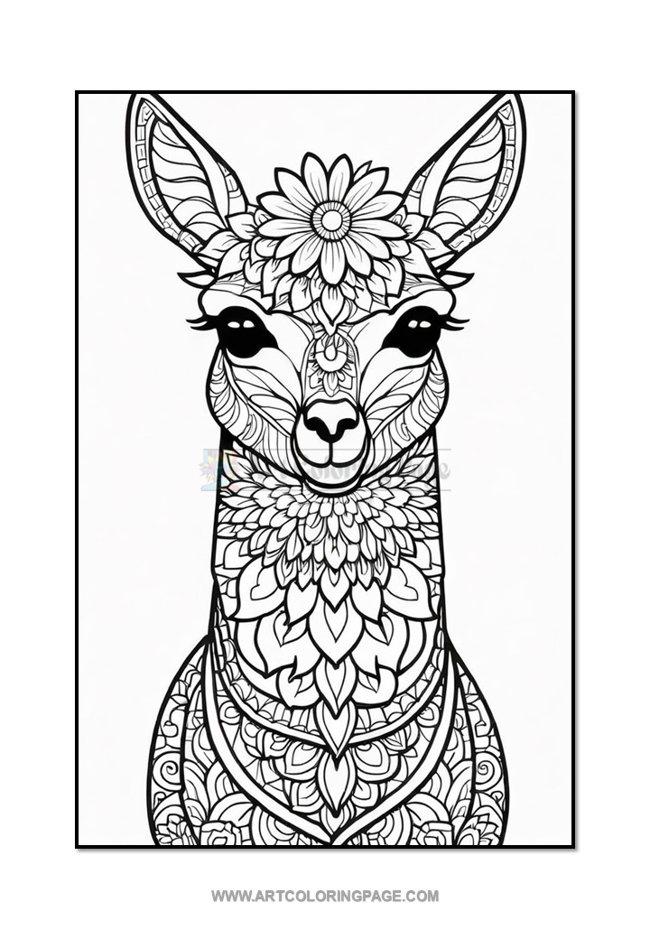 A stylized black and white illustration of a deer adorned with intricate floral patterns, featuring a large flower on its forehead and decorative elements throughout its neck and body.