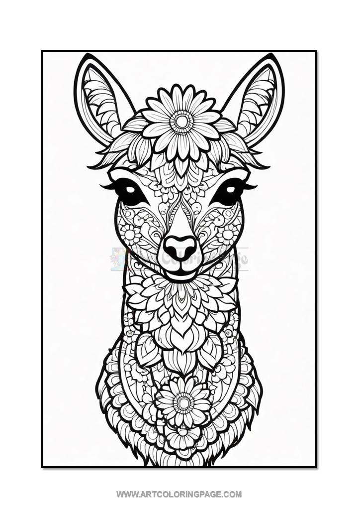 A detailed black and white illustration of a llama's face decorated with intricate floral patterns, including flowers on its head and ornate designs covering its snout and neck area. The background is plain white.