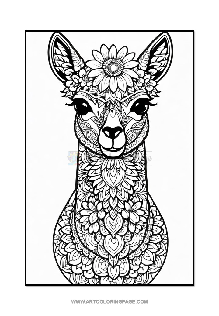 A black and white line drawing of a llama's head and neck, decorated with intricate floral patterns and designs, featuring flowers adorning its ears and face.