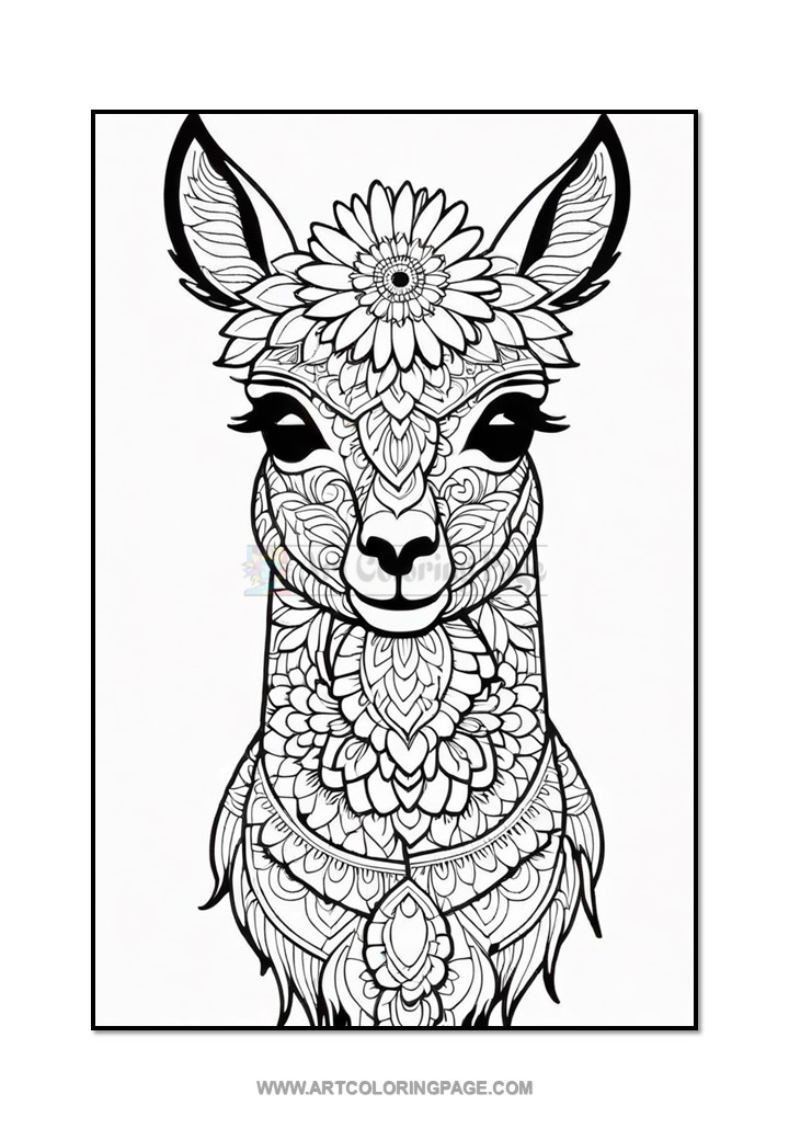 A detailed black and white illustration of a llama's face, featuring intricate floral patterns and designs on its fur and a flower motif on its forehead.