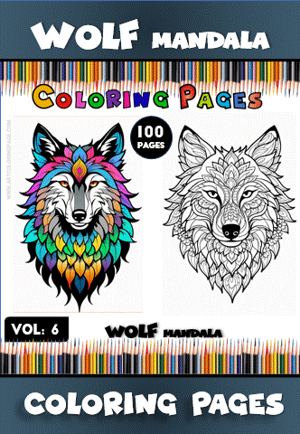 Coloring pages featuring a wolf mandala design, showcasing colorful artwork alongside a black-and-white version for artcoloringpage.com, part of the Mandala coloring book series.