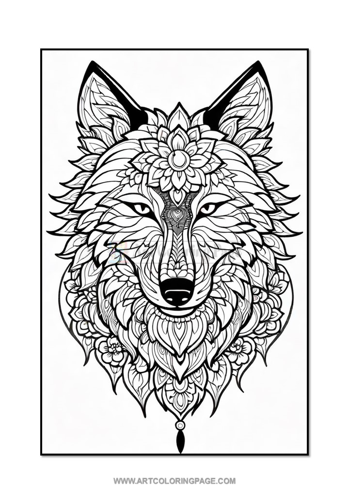 A detailed black and white illustration of a wolf's head adorned with intricate floral and mandala patterns, featuring a central ornate design on the forehead and decorative elements around the chin and neck area.