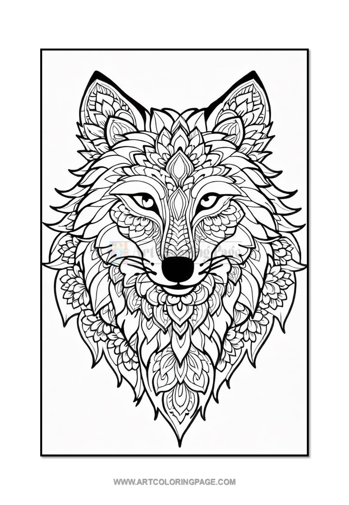 A detailed line drawing of a wolf's head, featuring intricate floral and geometric patterns throughout, with a symmetrical design emphasizing the animal's eyes, nose, and fur.