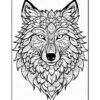 A detailed black and white illustration of a wolf's face, surrounded by intricate patterns resembling leaves and floral designs, featuring a teardrop shape in the center of its forehead and expressive eyes.