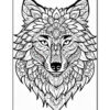 A detailed black and white illustration of a wolf's head featuring intricate floral and mandala patterns, with a prominent flower design at the top of its head and symmetrical shapes around its face, enhancing the overall artistic design.