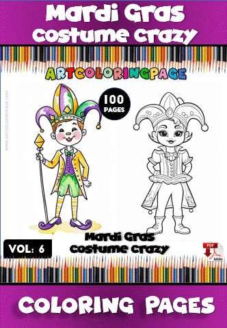 Cover for a Mardi Gras-themed coloring book featuring a jester character in a colorful costume and a child holding a mask, with the title 'Mardi Gras costume crazy' on a purple background and colorful pencil illustrations border.