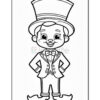 A cartoon character wearing a tall top hat, a bow tie, and a tuxedo, standing with his hands on his hips, smiling cheerfully.