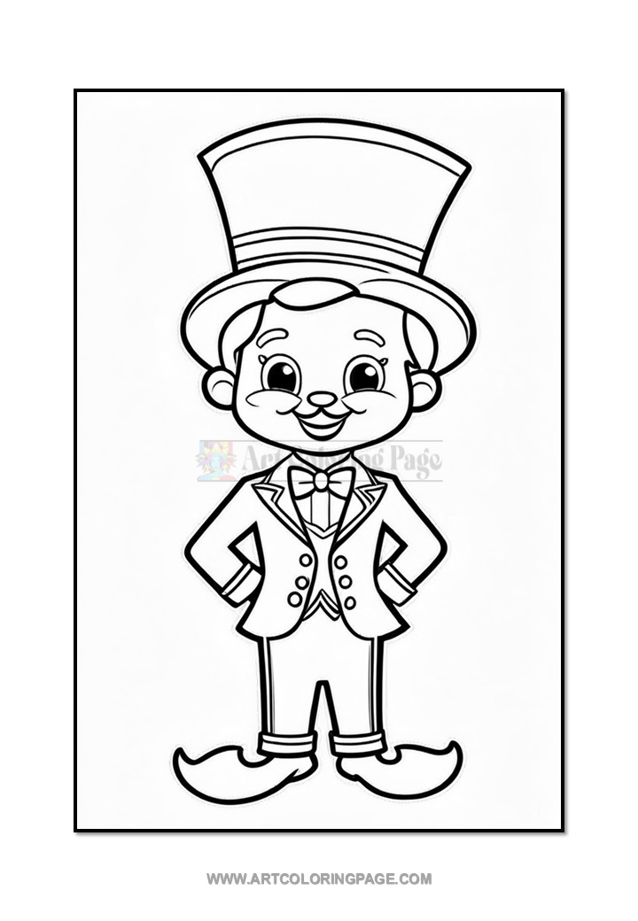 A cartoon character wearing a tall top hat, a bow tie, and a tuxedo, standing with his hands on his hips, smiling cheerfully.