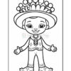 A black and white coloring page illustration of a cheerful cartoon character wearing a large decorative hat adorned with ornaments, a traditional outfit with decorative elements, and a friendly smile, posed with arms open.