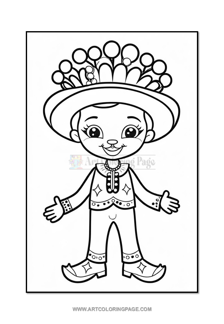 A black and white coloring page illustration of a cheerful cartoon character wearing a large decorative hat adorned with ornaments, a traditional outfit with decorative elements, and a friendly smile, posed with arms open.