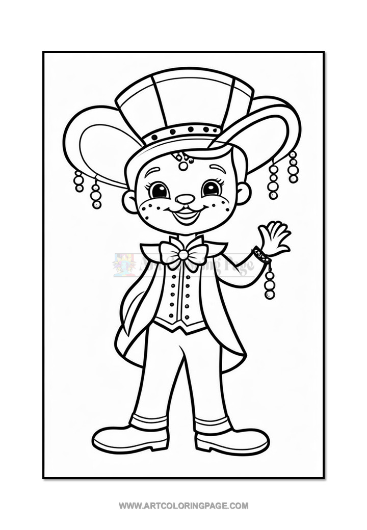 A cartoonish character in a large, decorative top hat adorned with beads, wearing a tuxedo with a bow tie and pants, standing with one hand raised in a welcoming gesture. The character has a playful, cheerful expression.