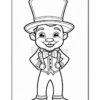 A cartoon character with a big top hat and a bow tie, wearing a tuxedo with suspenders and smiling, standing with hands on hips in a cheerful pose. The image is a line drawing for coloring.