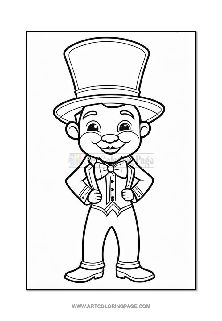 A cartoon character with a big top hat and a bow tie, wearing a tuxedo with suspenders and smiling, standing with hands on hips in a cheerful pose. The image is a line drawing for coloring.