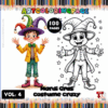 A colorful cover for a coloring book titled 'Mardi Gras Costume Crazy', featuring a joyful child in a jester hat and a jester character in a festive outfit, with the text 'Vol. 4' and '100 Pages' prominently displayed on a purple background.