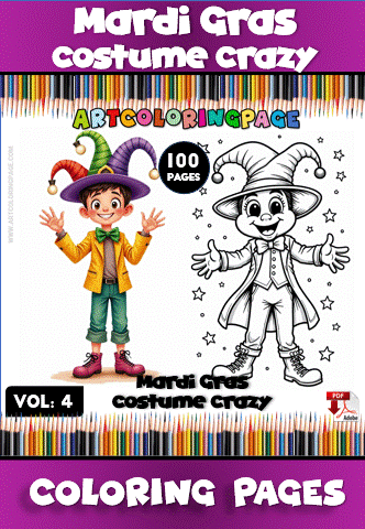 A colorful cover for a coloring book titled 'Mardi Gras Costume Crazy', featuring a joyful child in a jester hat and a jester character in a festive outfit, with the text 'Vol. 4' and '100 Pages' prominently displayed on a purple background.