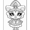 A cartoon-style, black-and-white line drawing of a cute animal character resembling a cat, adorned with a decorative crown and wearing a dress embellished with beads and patterns. The character has large expressive eyes and a cheerful smile.