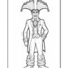 A cartoon-style jester with a flamboyant hairstyle featuring multiple points, wearing an elegant suit with decorative elements, a bowtie, and ruffled pants, stands confidently with one hand on his hip.
