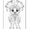 A cartoon character with a large, spiky hairstyle, wearing a decorated suit with a bow tie and adorned with beads. The character has a wide smile and is posing with hands on hips, standing against a blank background.