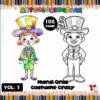 A colorful coloring book cover for 'Mardi Gras Costume Crazy' featuring a girl in a vibrant Mardi Gras outfit with a green coat and top hat, and a boy dressed in a formal suit with a tall top hat, displayed in both colored and outline versions. The title is prominently displayed in purple and yellow with rainbow-colored pencils in the background, and notes that it contains 100 pages.