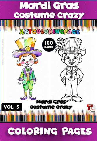 A colorful coloring book cover for 'Mardi Gras Costume Crazy' featuring a girl in a vibrant Mardi Gras outfit with a green coat and top hat, and a boy dressed in a formal suit with a tall top hat, displayed in both colored and outline versions. The title is prominently displayed in purple and yellow with rainbow-colored pencils in the background, and notes that it contains 100 pages.
