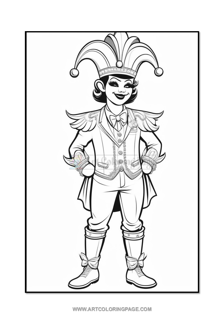 A cartoon character dressed as a jester, wearing a jester hat with pointed ends, a decorated coat with shoulder epaulettes, and bow-tied pants and shoes, standing confidently with hands on hips and a broad smile.