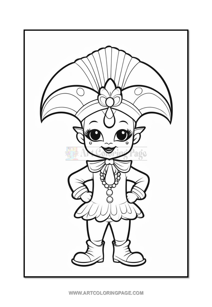 A cartoon character in a jester costume with a large hat, purple and teal accents, wearing a decorative necklace and bowtie, standing confidently with hands on hips and a playful expression. The image is an outline drawing, suitable for coloring.