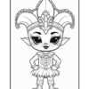 A cartoon character with large expressive eyes, wearing a colorful jester costume adorned with beads and a tall, ornate jester hat, striking a confident pose with hands on hips.