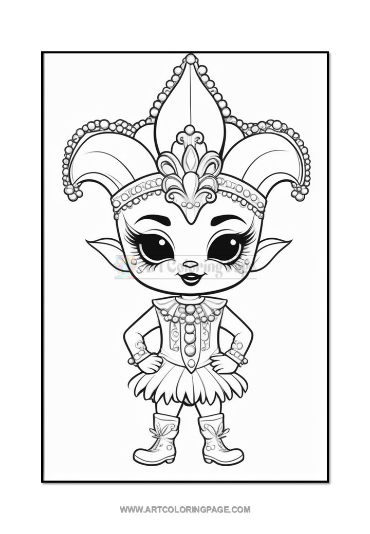 A cartoon character with large expressive eyes, wearing a colorful jester costume adorned with beads and a tall, ornate jester hat, striking a confident pose with hands on hips.