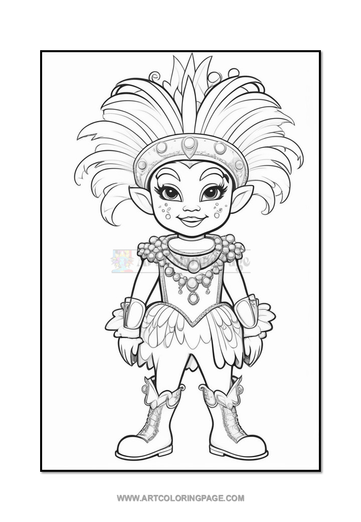 A cartoon character with large, colorful feathered hair, wearing a decorated headband and jewelry, in a costume featuring a ruffled skirt and boots, standing confidently with a cheerful expression. The image is in black and white, suitable for coloring.