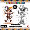 A colorful cover for a Mardi Gras-themed coloring book, featuring a boy in a jester hat and another in a party hat.