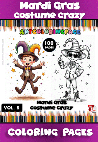 A colorful cover for a Mardi Gras-themed coloring book, featuring a boy in a jester hat and another in a party hat.