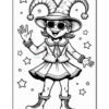 A cartoon girl wearing a floppy hat with jester-like points, sunglasses, and a dress, waving happily. She has curly hair and stands among stars, showcasing a playful posture with knee-high boots.