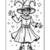 A cartoon-style character wearing a large, floppy witch hat and round glasses, smiling and extending one hand as if waving. The character is dressed in a knee-length dress with a ruffled collar and has on sturdy boots. Surrounding the character are various stars, emphasizing a whimsical theme.