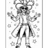 A cartoon character wearing a large hat with jester-like points and sunglasses, dressed in a long coat, and standing with outstretched arms amidst a background of stars. The image is in black and white, suitable for coloring.