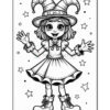 A black and white outline drawing of a cheerful girl wearing a witch hat and a dress, with a large bow. She has a playful expression, with her arms outstretched as if inviting someone to join her. The background features stars and circles, adding to the whimsical atmosphere.