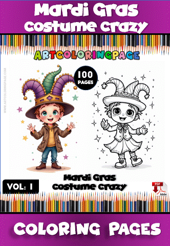 A colorful cover for a Mardi Gras coloring book, featuring two cartoon characters: a boy wearing a colorful jester hat and a girl in a matching costume, surrounded by stars and the text "Mardi Gras Costume Crazy" and "100 Pages." The background is decorated with colored pencils.
