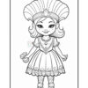 A cartoon girl character wearing a fancy dress with a large ruffled collar, holding a cupcake in one hand and a decorative item in the other, smiling broadly. She has long, wavy hair, and is adorned with a headband featuring a jewel. Her shoes are chunky and she wears patterned leggings, all rendered in a black and white outline for coloring.
