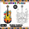 Coloring page featuring floral musical instruments with vibrant designs, ideal for a cozy coloring book from artcoloringpage.com.