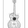 A black and white outline of a decorated acoustic guitar featuring floral patterns on its body, with detailed flower designs and an oval soundhole in the center, set against a plain background.