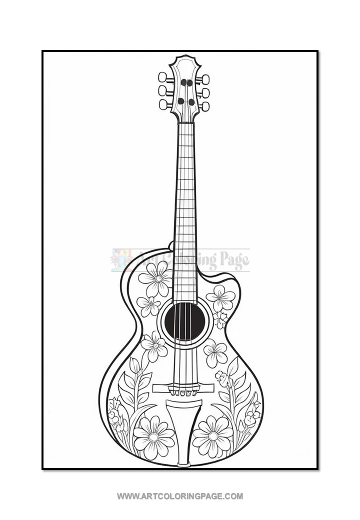 A black and white outline of a decorated acoustic guitar featuring floral patterns on its body, with detailed flower designs and an oval soundhole in the center, set against a plain background.