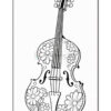 An outline drawing of a violin decorated with floral patterns, including various flowers, against a blank background.