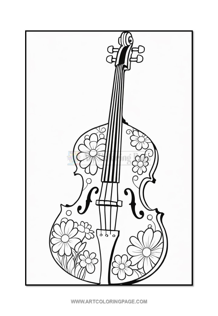 An outline drawing of a violin decorated with floral patterns, including various flowers, against a blank background.