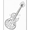 A decorative guitar illustration featuring a floral design on the body and a flower at the headstock, outlined in black and white for coloring.