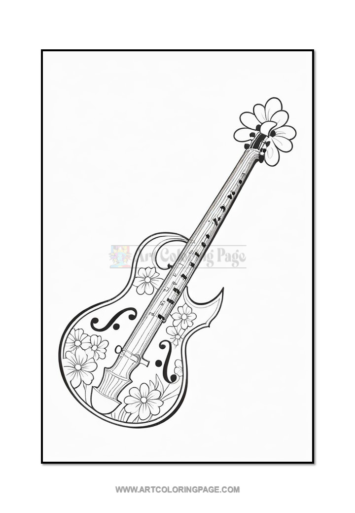 A decorative guitar illustration featuring a floral design on the body and a flower at the headstock, outlined in black and white for coloring.